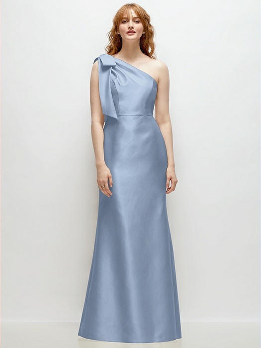 ALFRED SUNG One-Shoulder Satin Gown in Cloudy Blue